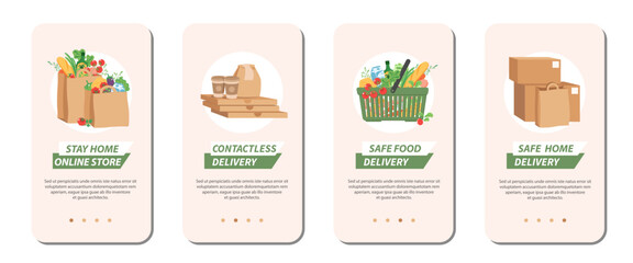 Contactless delivery service. Safe home delivery. Grocery purchases set, food basket, fast food, carton boxes. Vector Illustration for mobile apps, social media posts.