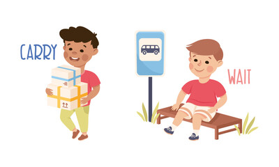 Little Boy Carrying Parcels in Cardboard Box and Waiting for the Bus Vector Set