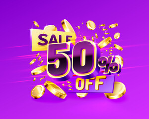 50 Off. Discount creative composition. 3d sale symbol with decorative objects, golden confetti, podium and gift box. Sale banner and poster