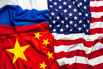China, USA and Russia national flags top view