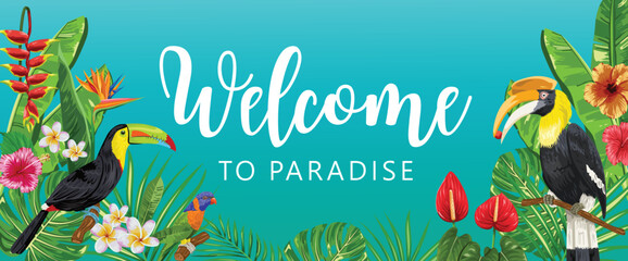 Welcome to paradise lettering with tropical birds and flowers © rexandpan