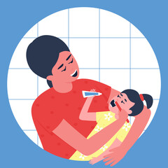 Mom lovingly brushes her daughter's teeth. Mother's concern for the health of baby's milk teeth. Young children cannot brush their teeth on their own. Flat vector illustration.