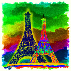 Colorful Oil painting of Eiffel tower Paris, France. Colorful Eiffel tower on colorful background. modern and colorful artwork. Best collection of designer oil paintings. Decoration for the interior.