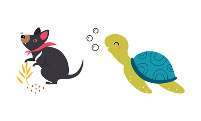 Green Swimming Turtle and Tasmanian Devil with Black Fur as Australian Animal Vector Set