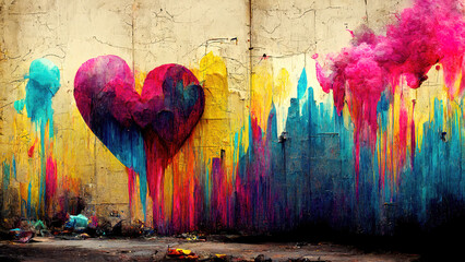 Naklejka premium Colorful graffiti wall background with heart shape as love symbol