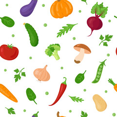 Seamless pattern with different season vegetables. Healthy food background. Vegan or vegetarian theme wallpaper. 