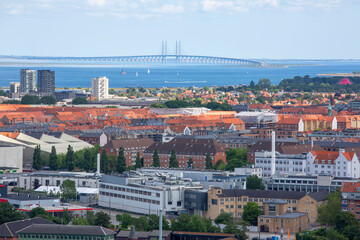 Fototapeta premium Aerial view of the city and Oresund Bridge, Copenhagen, Denmark
