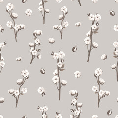 Seamless pattern with cotton flowers