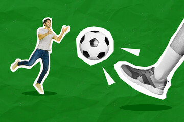 Collage 3d image of pinup pop retro sketch of funny funky guy catching football ball isolated painting background