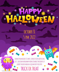 Halloween Party Invitation Card. Kids Template Creative poster with cute monsters bats, pumpkins, candies, clouds and dark background. Vector cartoon hand drawn illustration for your design