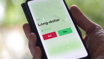 An investor's analyzing the long-dollar etf fund on a screen. A phone shows the prices of Long-dollar
