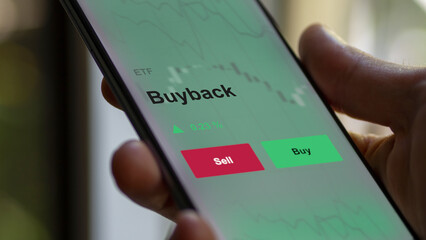 Buyback etf fund on a screen. A phone shows the prices of buy-back, shares repurchase ETF blue chips