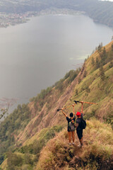 Fototapeta na wymiar friends go trekking in the mountains