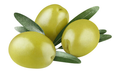 Delicious green olives with leaves, isolated on white background