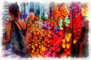 Naklejka premium Landscape and scenery of the Ancient Architecture Council in Chiang Mai and tourist attractions of Thailand watercolor style illustration impressionist painting.