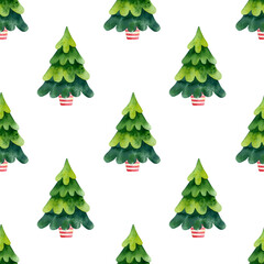 Fototapeta premium Watercolor Christmas seamless pattern. New year graphics. Cute holiday background design. Winter Christmas elements isolated. Christmas tree decorations