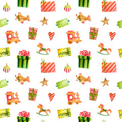 Watercolor Christmas gifts and toys illustration. Christmas Seamless pattern. New year graphics. Cute holiday design. Winter Christmas elements background