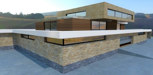 The concept of a futuristic three-level house. Plenty of space, natural stone finishes. Hilly fields in the background. 3d render.