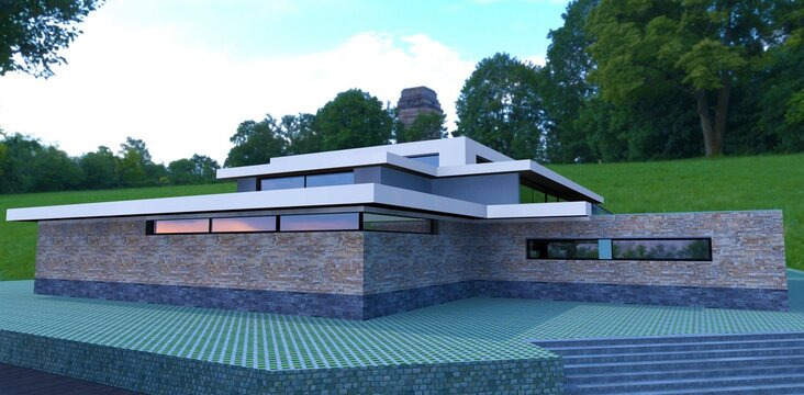 Modern three-level house with a flat roof and spacious terraces. Hills and a tower in the background. 3d render.