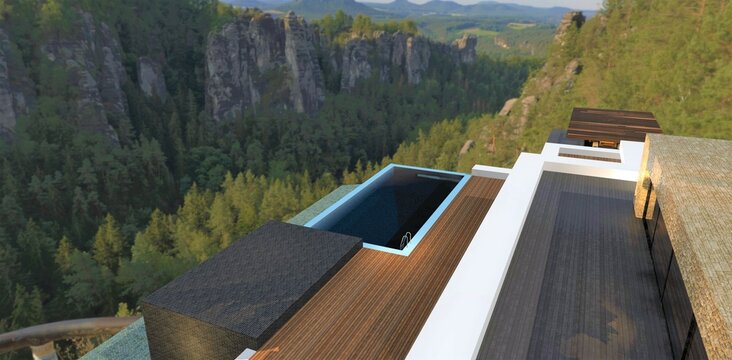 View of the wooded canyon and wooden terraces of the advanced house. 3d render.
