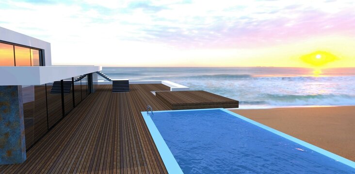 Wonderful wooden terrace with a swimming pool on the roof of an advanced multi-level oceanfront home. Wonderful sunrise. 3d render.