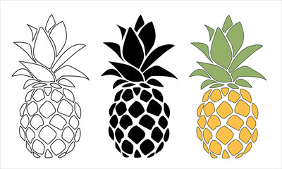 set of Pineapple vector with outline, silhouette and colored design. isolated on white.