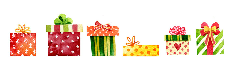 Watercolor Christmas illustration gifts. New year graphics. Cute holiday design. Winter Christmas elements isolated. Christmas decoration isolated