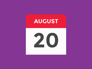 august 20 Calendar icon Design. Calendar Date 20th august. Calendar template 
