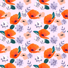 Seamless pattern with bouquets of poppies and chamomiles. Floral background for swimsuit, textile, wallpaper, pattern fills, covers, surface, print, gift wrap. Shabby chic.