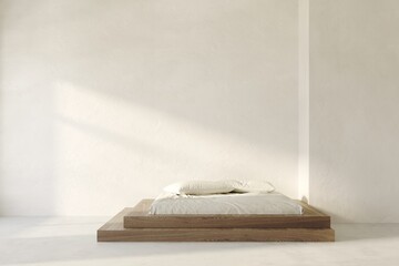 3d render of a minimalistic bedroom, bed concrete podium. Interior background and 3d render, light and shadow on the white wall	