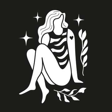 Black white vector illustration with sitting woman in striped swimsuit, floral twig and white stars. Trendy female apparel print design