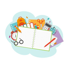 back to school set of objects. School and education icons, symbols on blue bubble