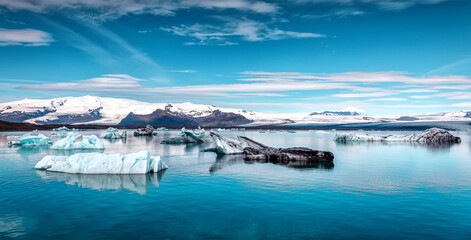Wonderful nature landscape of Iceland. Jokulsarlon lagoon, Beautiful cold landscape picture of icelandic glacier lagoon bay. popular travel and hiking destination. Picture of wild area