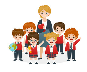 School children in uniform standing with teacher. Cartoon pupils diverse group. Cute classmates in school uniform.