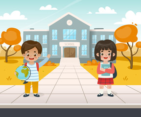 Cute students in front of school. Autumn back to school banner with cartoon kids.