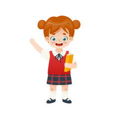 Cute school girl in uniform standing and waving hand. Happy baby girl in school uniform with book.