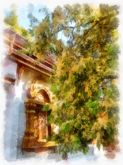 Fototapeta premium Landscape and scenery of the Ancient Architecture Council in Chiang Mai and tourist attractions of Thailand watercolor style illustration impressionist painting.