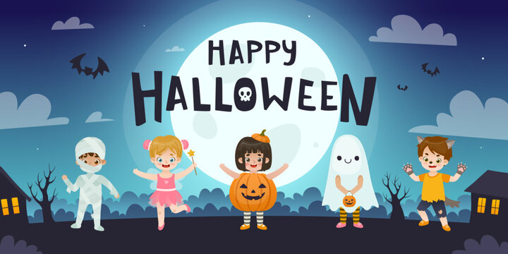 Cute children in halloween costume walking on the night street. Horizontal halloween banner with cartoon kids.