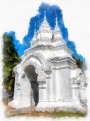 Landscape and scenery of the Ancient Architecture Council in Chiang Mai and tourist attractions of Thailand watercolor style illustration impressionist painting.
