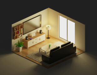 modern 3d isometric living room interior with table and wall shelves with lamp. Modern television room interior with white carpet and black sofa.
