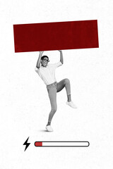 Vertical collage portrait of hardworking person black white gamma arms hold resist heavy drawing...