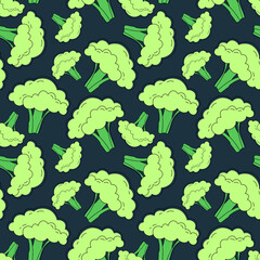 Vector seamless pattern of broccoli on a dark background. Drawing for banner, background or textile.