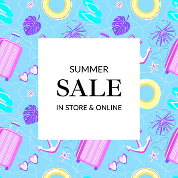 Hand drawn vector illustration. Sale of summer things, frame with an inscription on the background of summer accessories. Can be used as banner, poster, background, social media story.