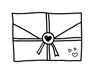 Hand drawn Mail in line doodle style. Message with heart. Sketch of Letter. Drawing of Email icon