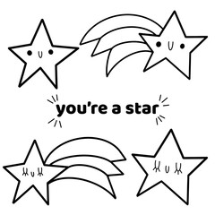 You’re a star cute cartoon stars and shooting stars with happy smiling faces illustration vector set in black and white line art png icon success award rating
