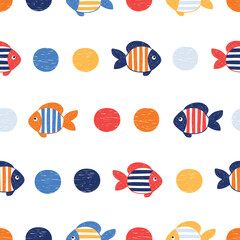 Colorful cute fish pattern. Seamless vector sea illustration for kids.