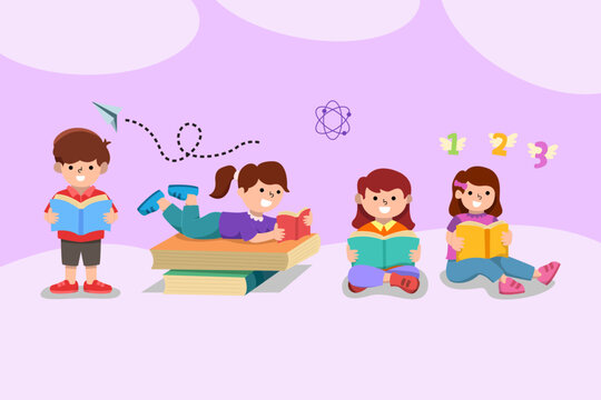 happy kids studying together with their teacher