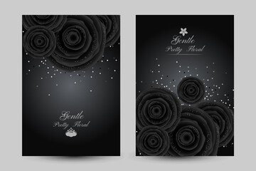 Luxury cards with black glamour roses and platinum confetti.
