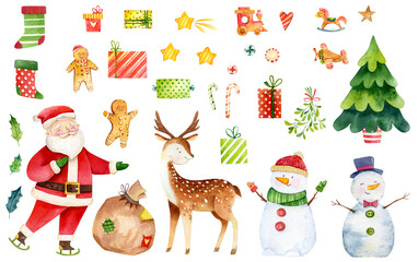 Watercolor Christmas illustration Santa Claus with gifts, cute snowman. Reindeer new year graphics. Cute holiday character design. Winter Christmas elements isolated. Christmas tree, leaves, socks