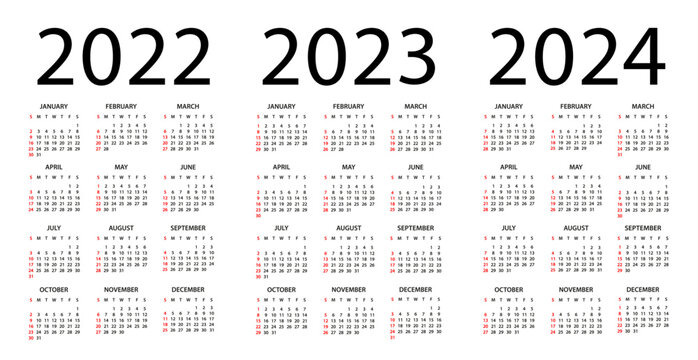 Calendar 2022, 2023, 2024 year - vector illustration. Week starts on Sunday. Calendar Set for 2022, 2023, 2024 years